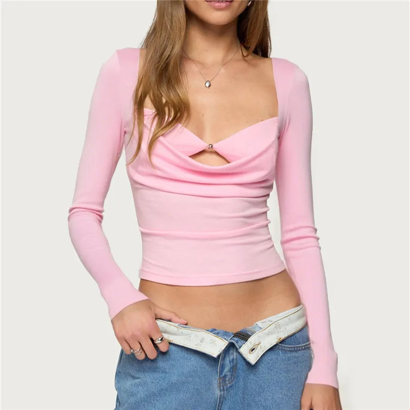 Women Solid Long Sleeve Casual Crop Top