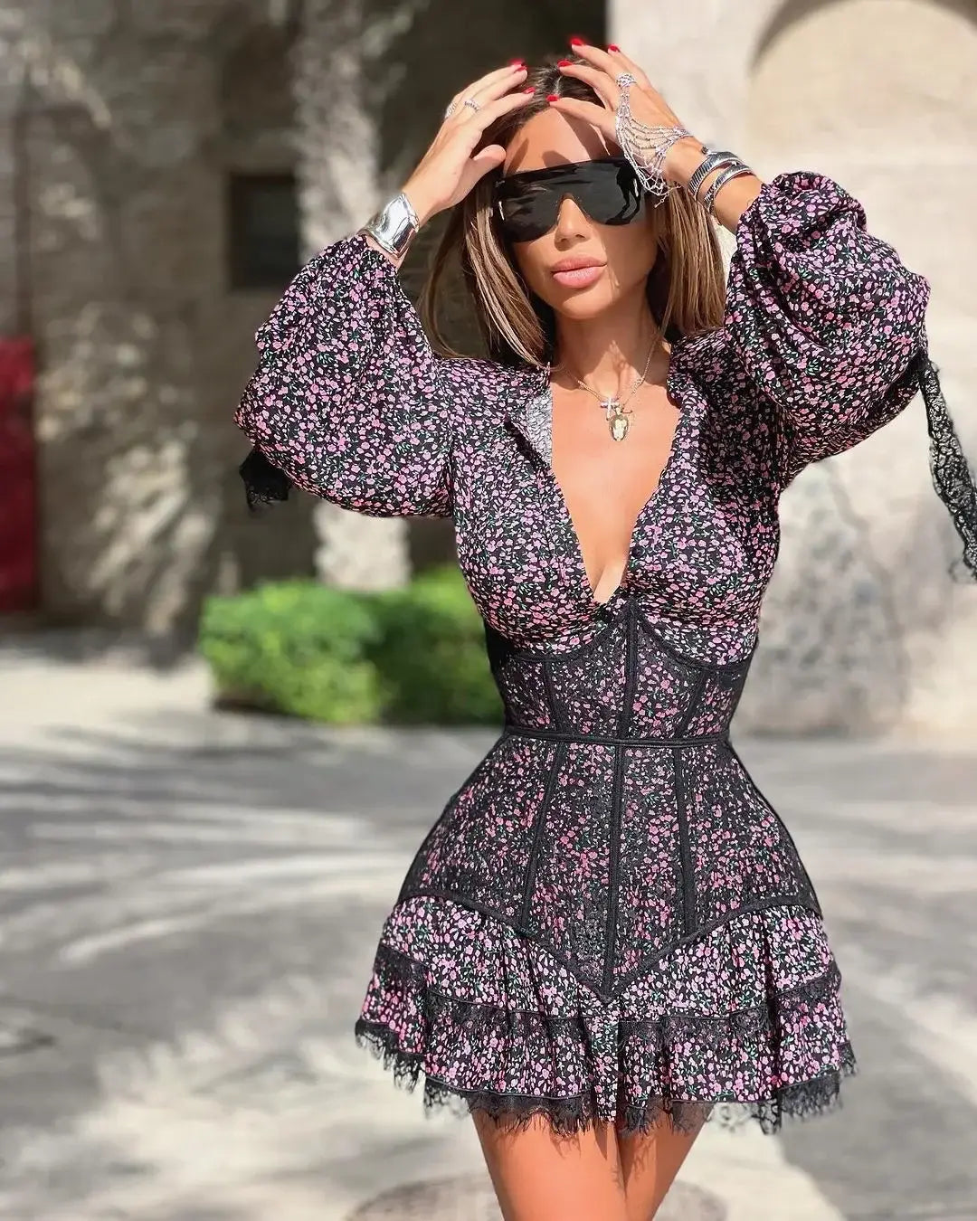 V-Neck Printed Mini Lace Dress Female Ruffled High Waist Long Sleeve