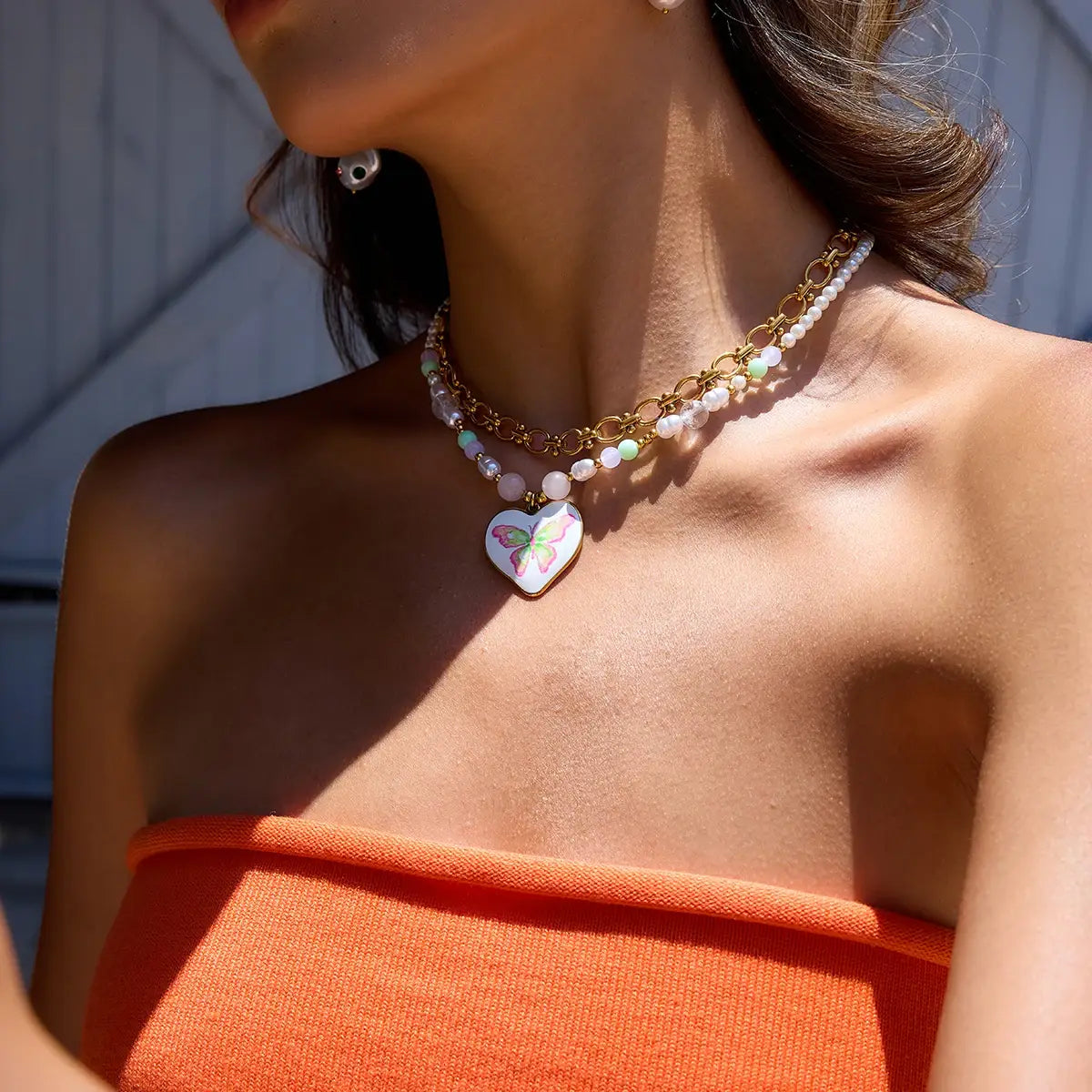 Stainless Steel Drop Oil Butterfly Print Pendant Necklace