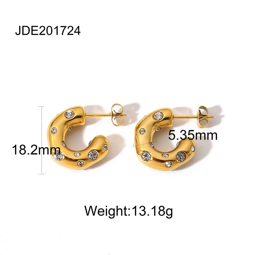 Shaped Hammer Shiny Zircon CC Shape Hoop Earrings Stainless Steel