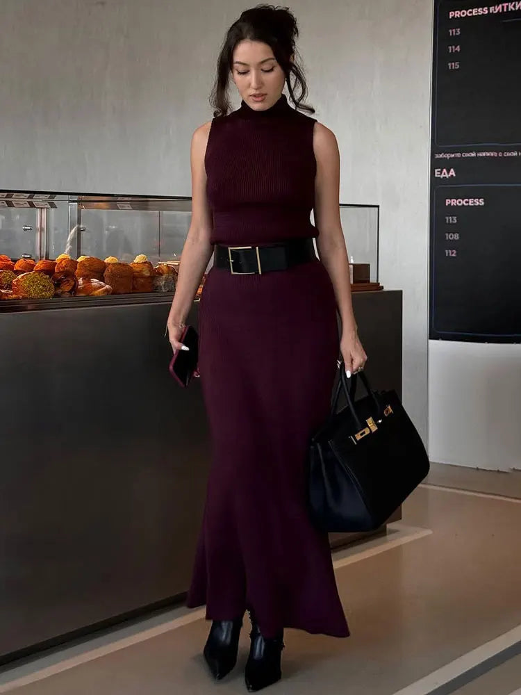 Elegant Knitwear 2 Piece-Set Long Dress Female Ribbed Sweater - Norellé