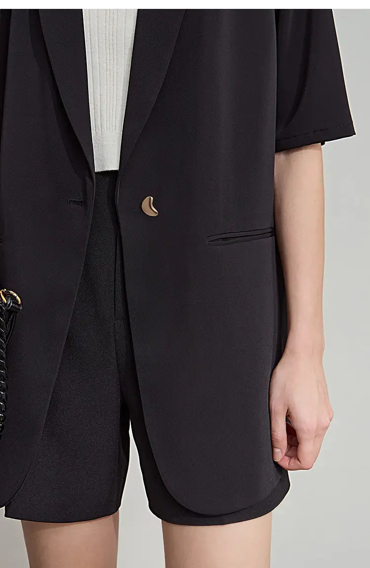Lapel Contrast Material Patchwork One Button Short Sleeve Blazer