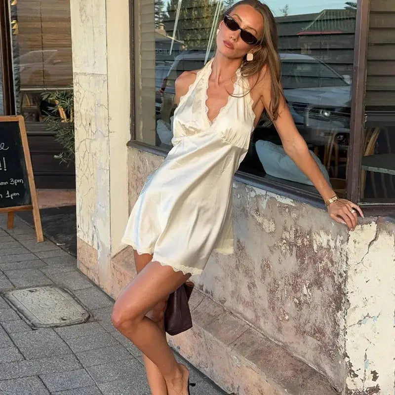 Lace Halter Mini Dress For Women V neck Sleeveless Elegant Splice Up