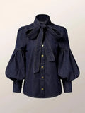 Trendy Imitation Denim Blouse Tops for Women Long Puff - Norellé