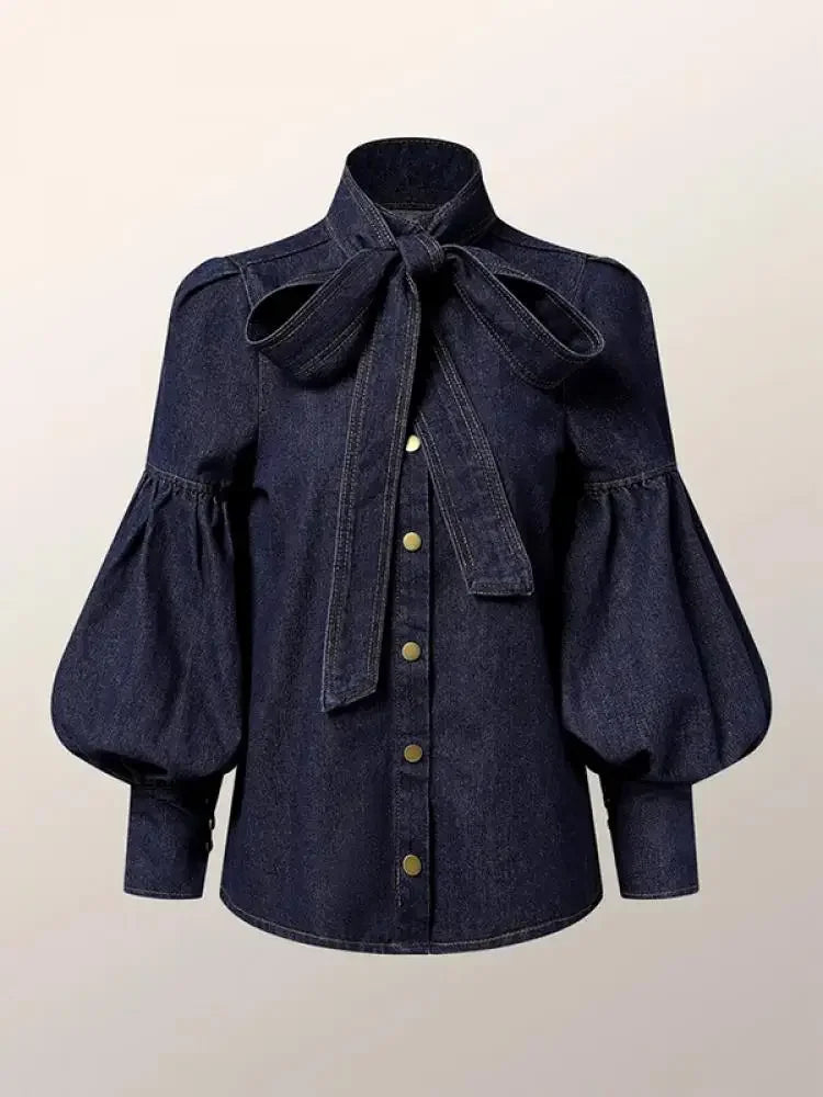 Trendy Imitation Denim Blouse Tops for Women Long Puff - Norellé