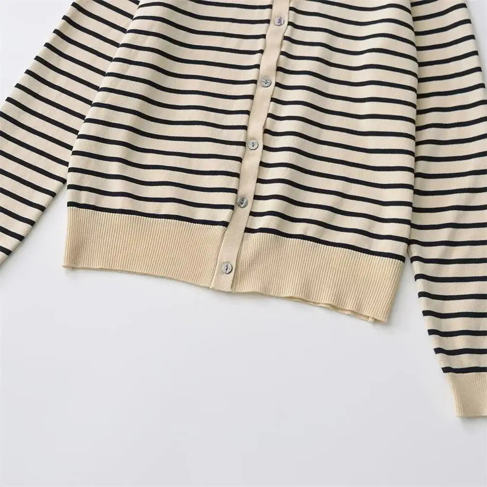 Women’s Simple Round Neck Long sleeved Striped Fine Knitted Cardigan