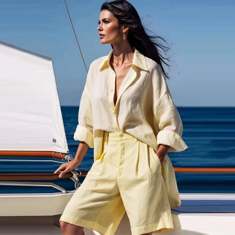 Casual Yellow Shirt Shorts Set Women