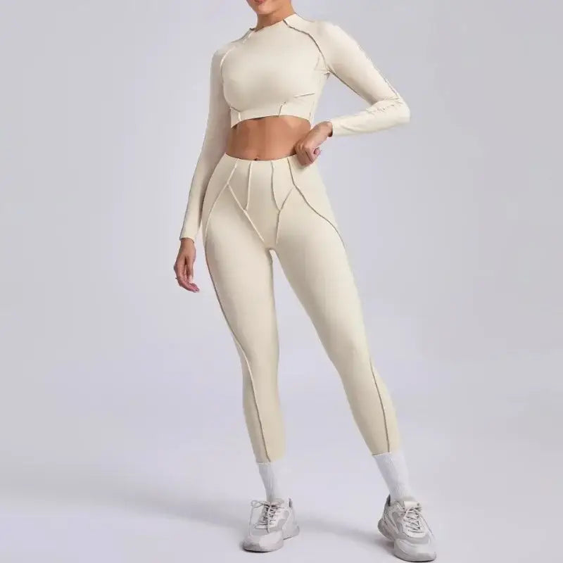Seamless Sets Sports Fitness Hip-lifting High Waist Pleated Pants Long-sleeved Suits Workout