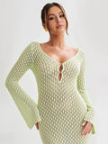 White Knit Fashion Cover up Maxi Dress Female See-Through V-Neck - Norellé