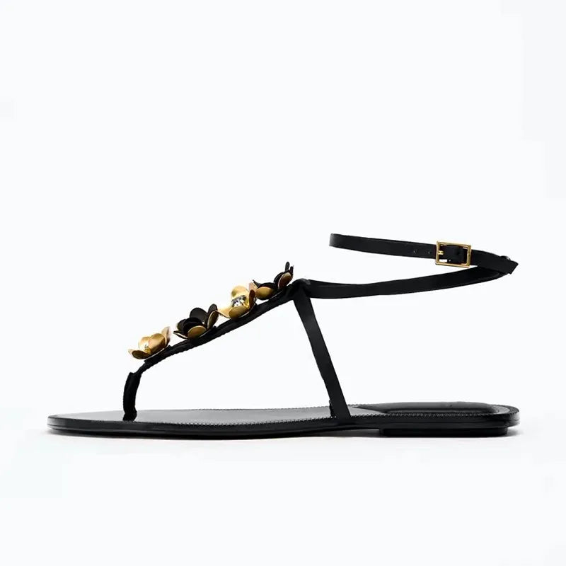 Metal Flower Decoration Flat Sandals