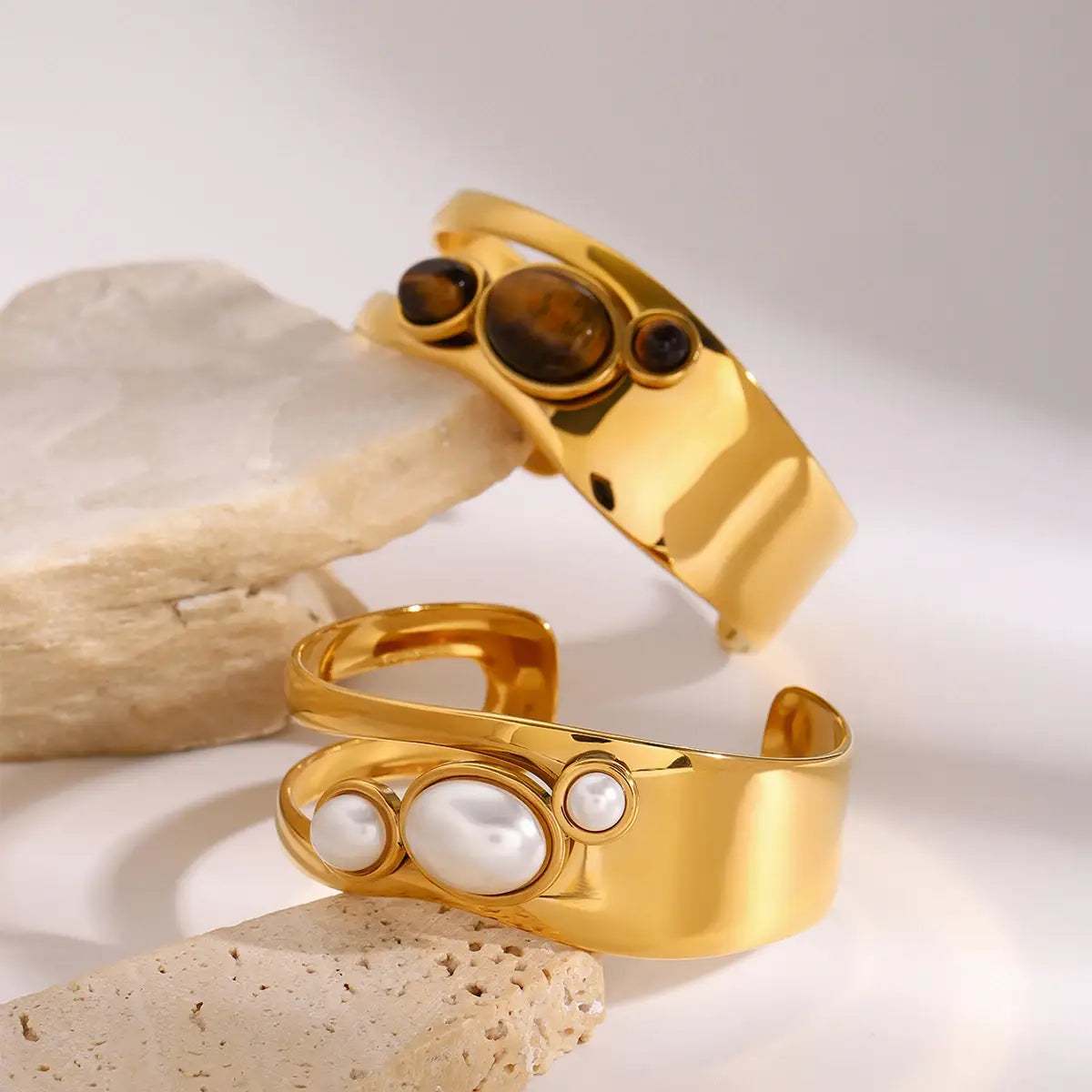 Thick Irregular Pearl Bracelet Tiger Eye Stone Stacked