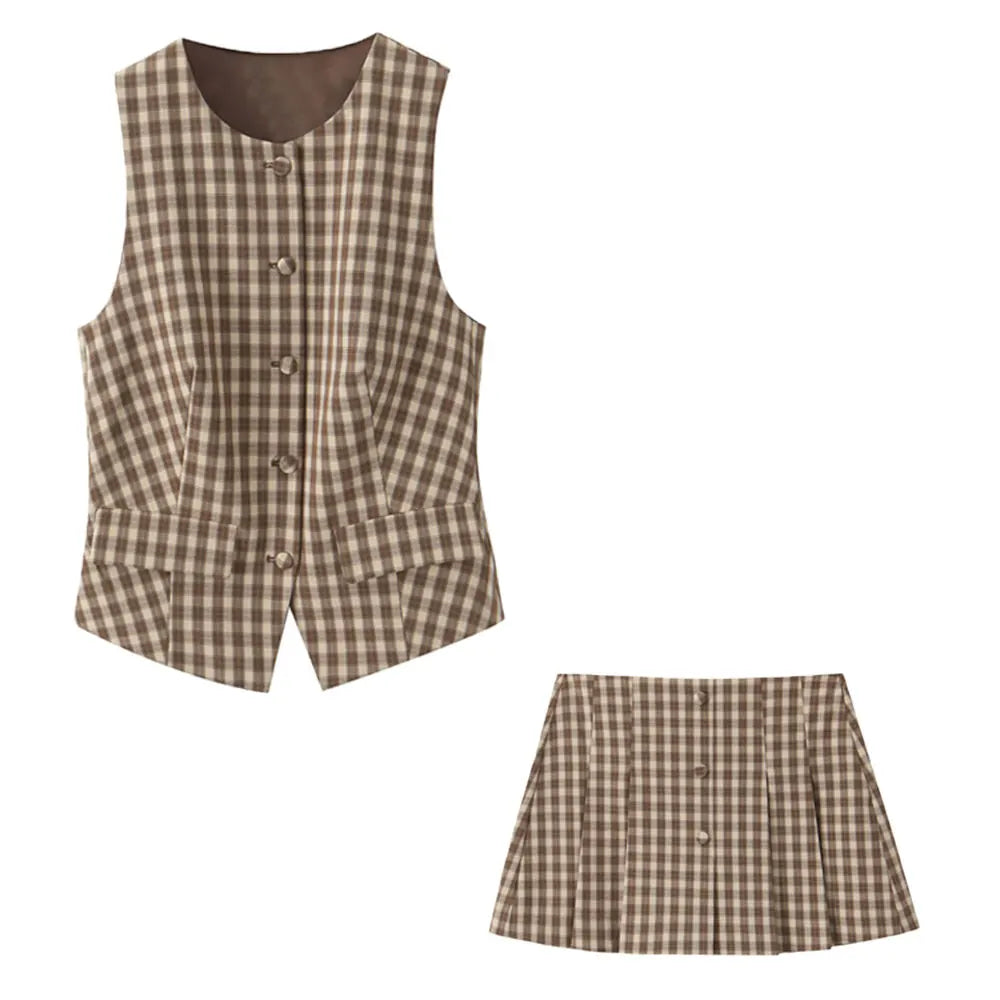 Women’s Waistcoat Top And Mid-Waist Side-Zip Pleated Skort Two-Piece Set