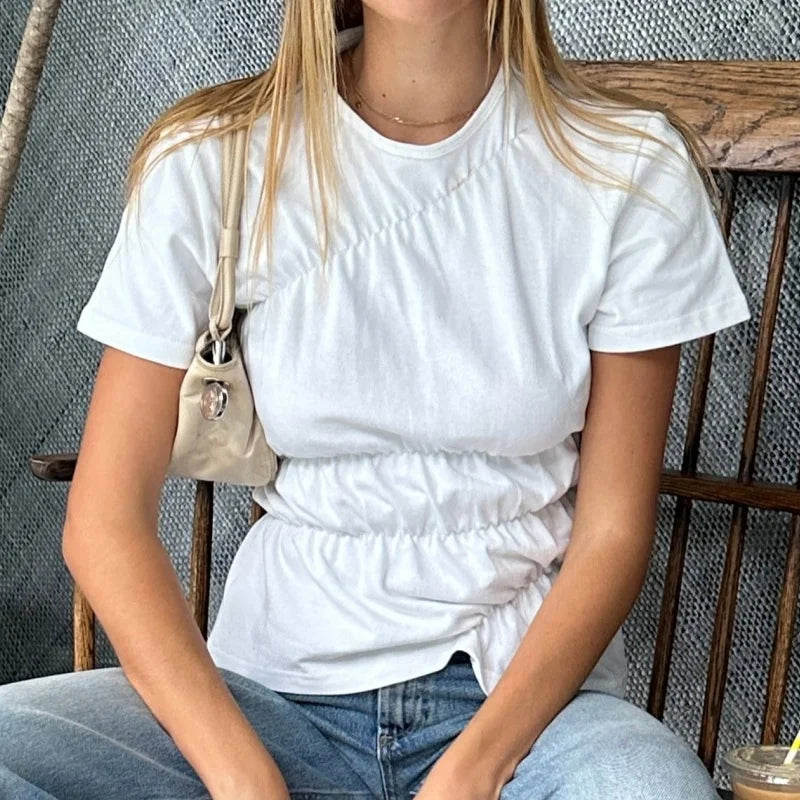 Vintage T-Shirt Women Ruched Round Neck Ruched Short Sleeve