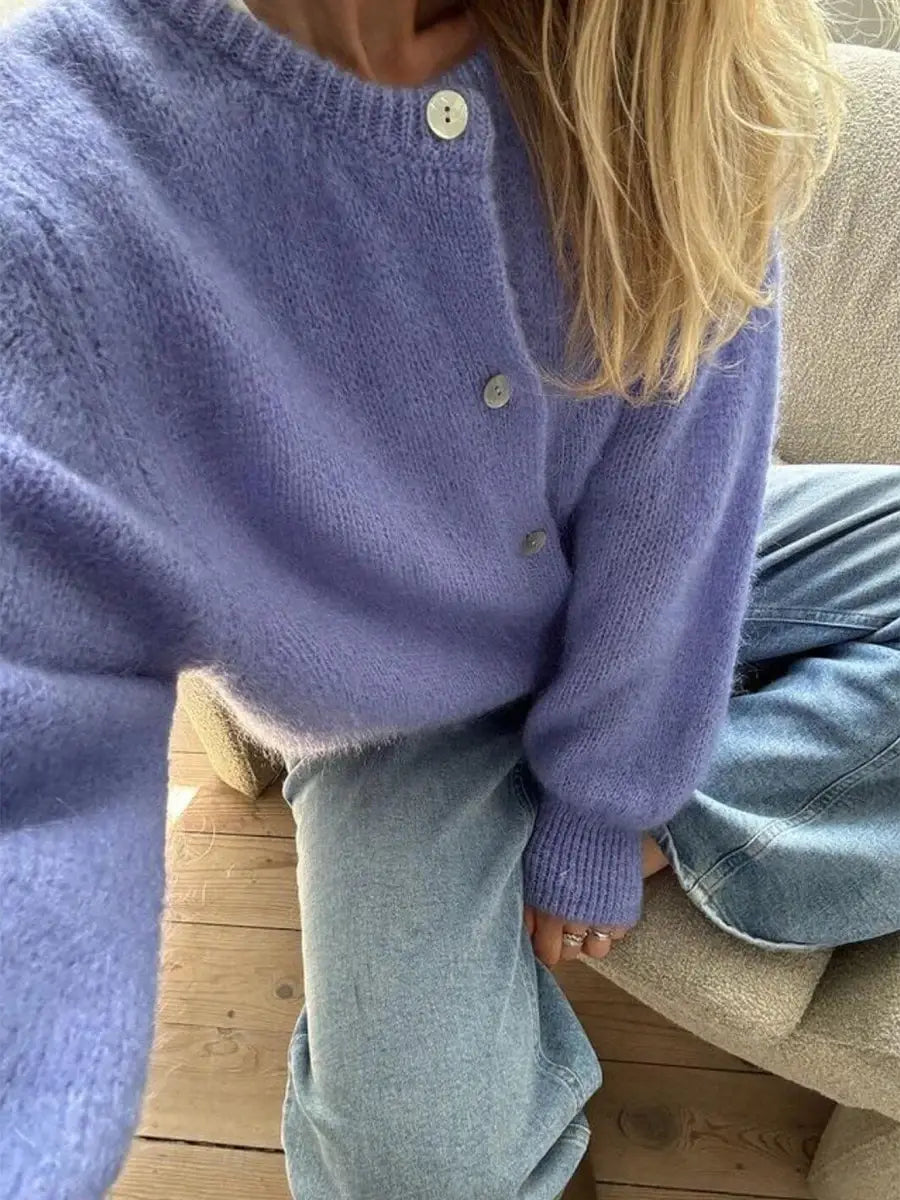 Women’s Solid Color Cardigan Fuzzy Long Sleeve Button Down Sweater