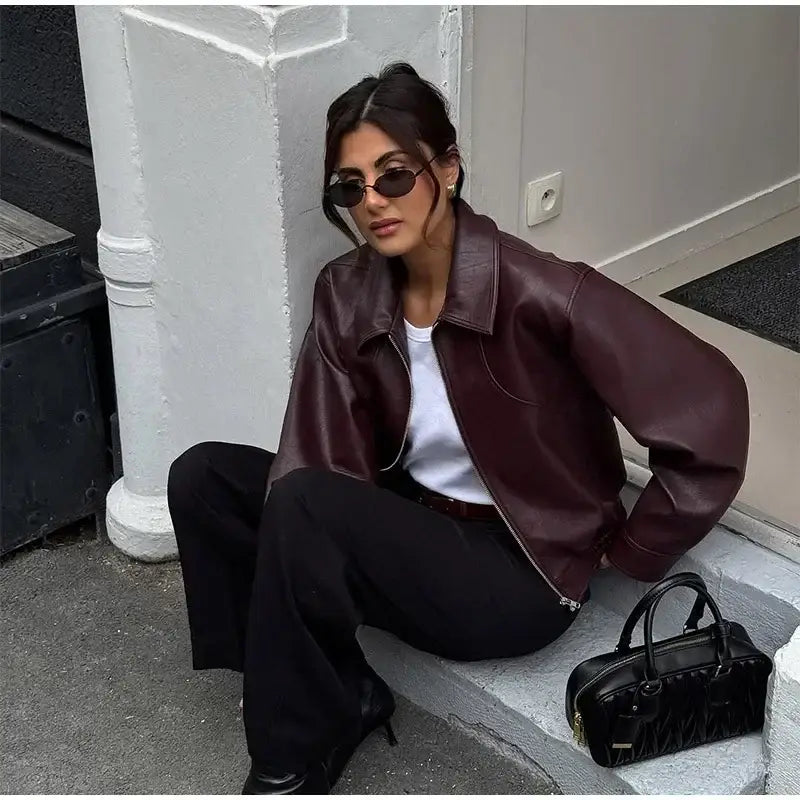 Retro Wine Red Pu Leather Short Jacket Women