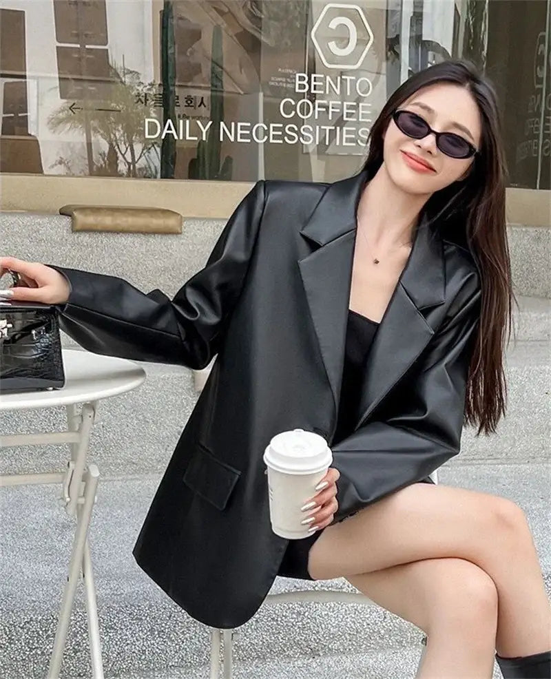 Women Black Soft PU Leather Blazer