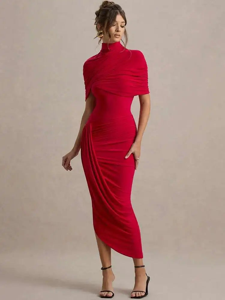 Backless Ruched Half Sleeve Maxi Dress Women Turtleneck Slim - Norellé