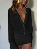 Ruched See Through Dress Women Patchwork Single-Breasted - Norellé