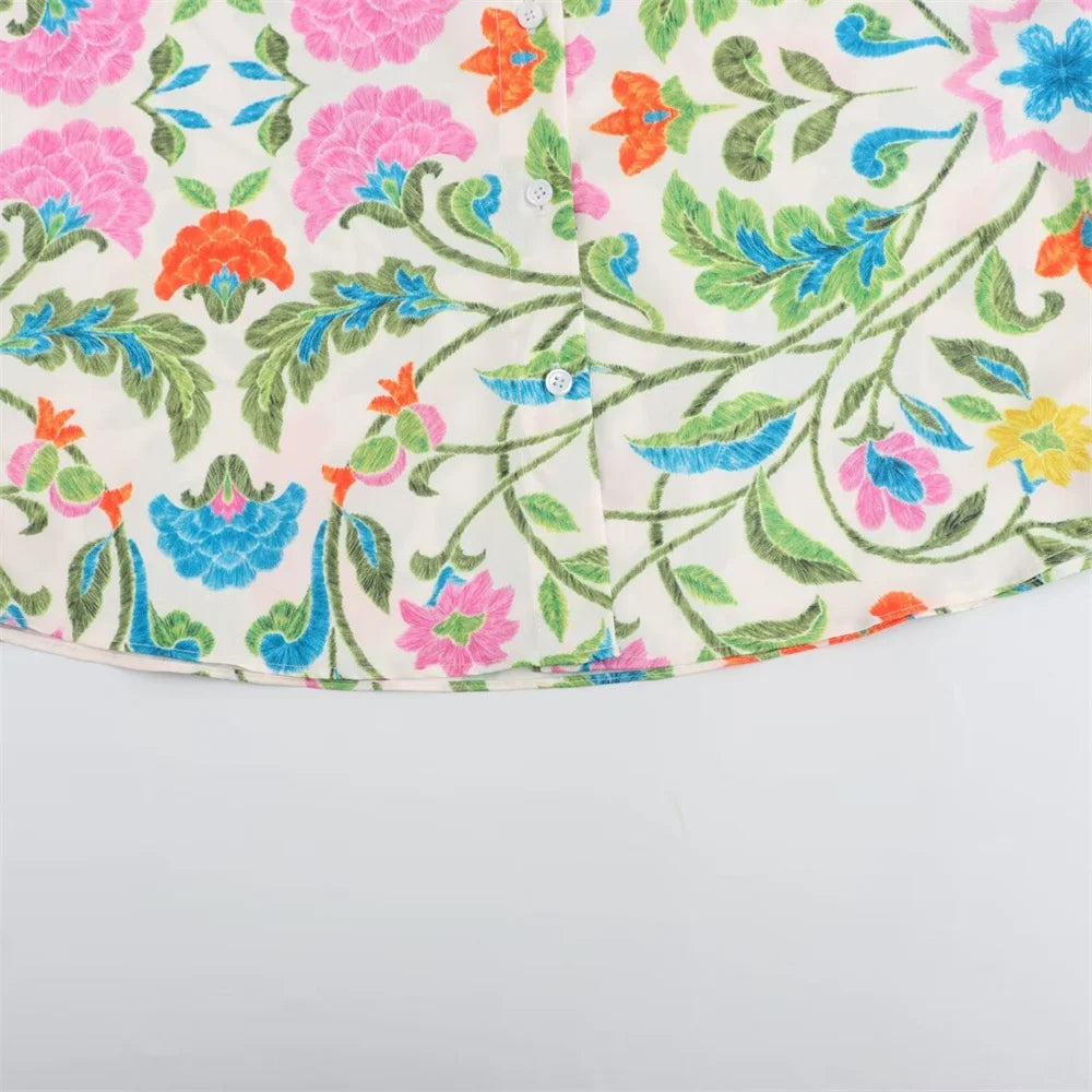 Women’s Simple and Elegant Flip Collar Printed Shirt Mid Waist Straight Leg Pants Casual Set