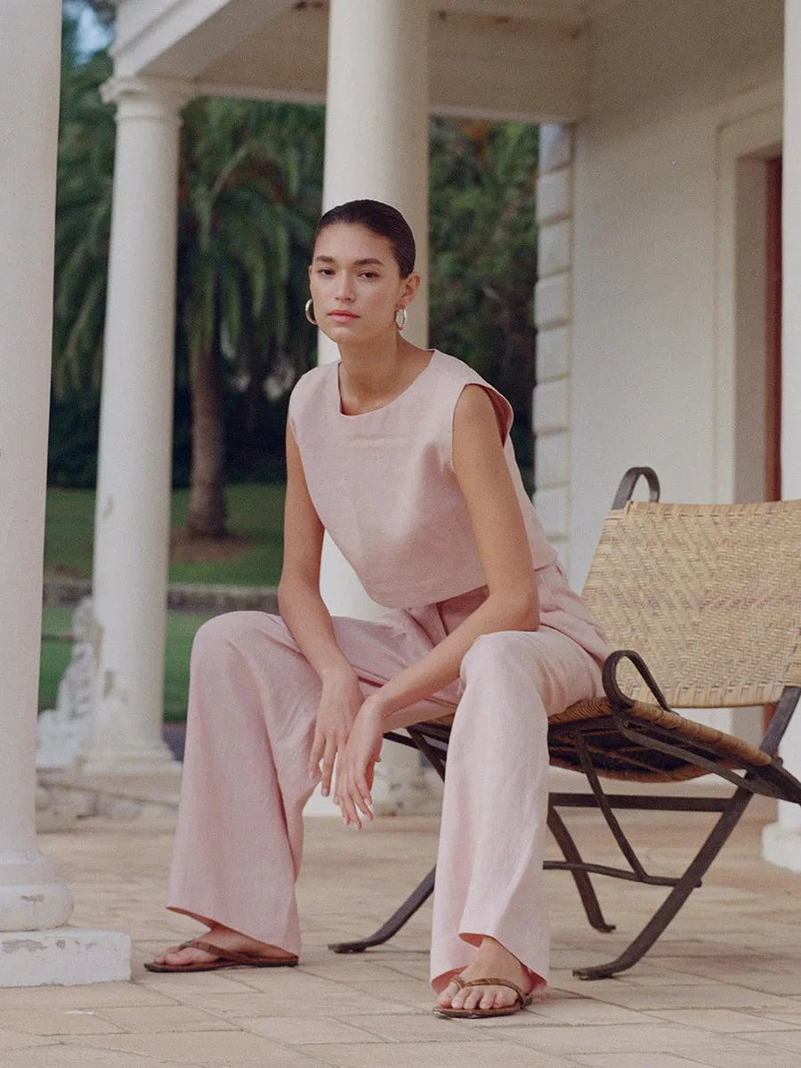 Cotton Linen Vest Pants Set Women