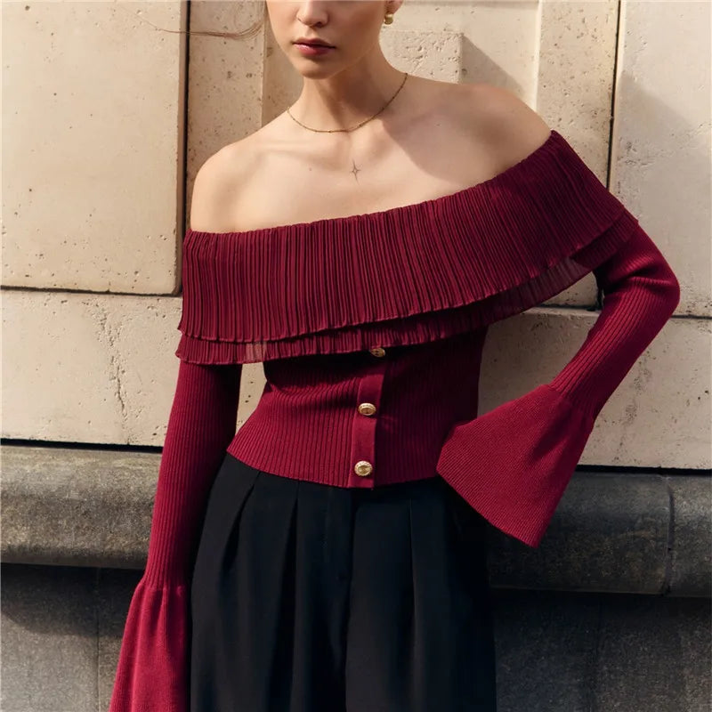 Knit Ruffles Pullover Sweater Flare Sleeve Patchwork Off-Shoulder Women’s Knitwear