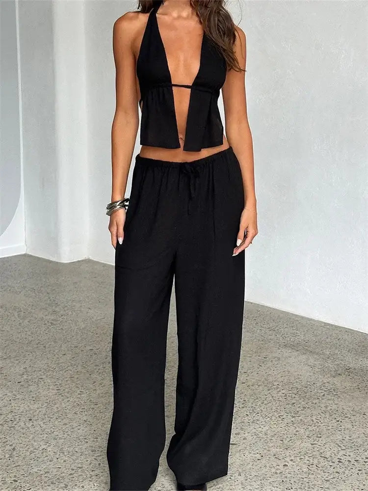 Women Pants Outfits Striped/Solid Halter Tie-Up Backless Tank Tops Wide-Leg 2 Pieces Set