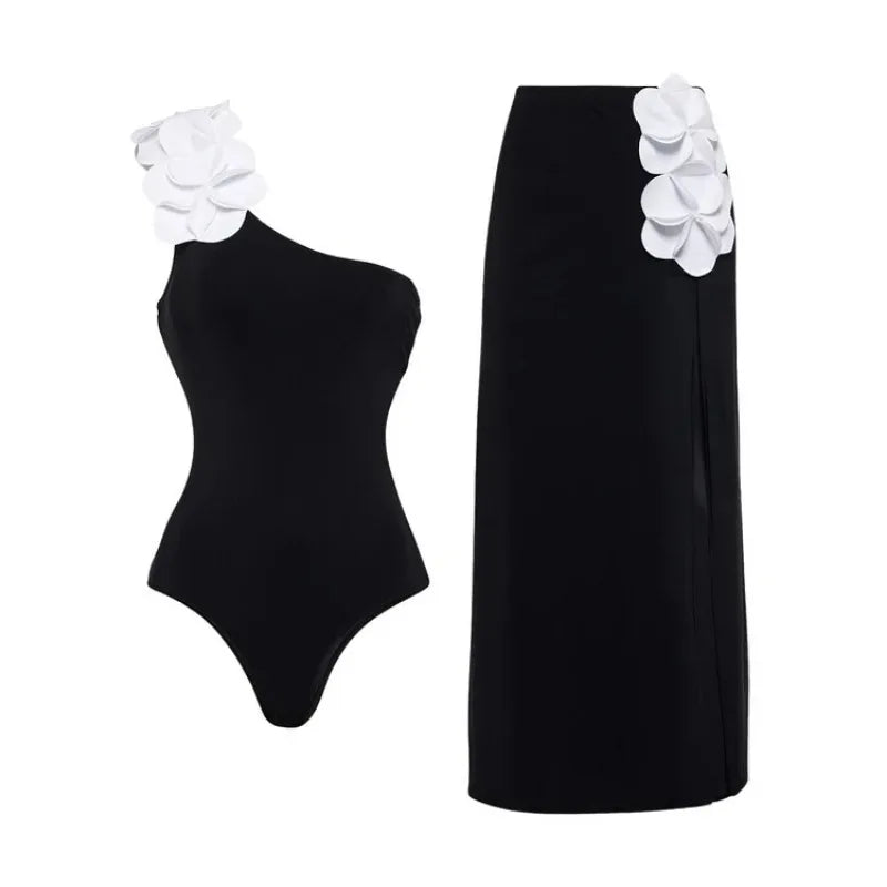 Women's Floral One Shoulder Swimsuit, Black and White, Contrasting, One-Piece