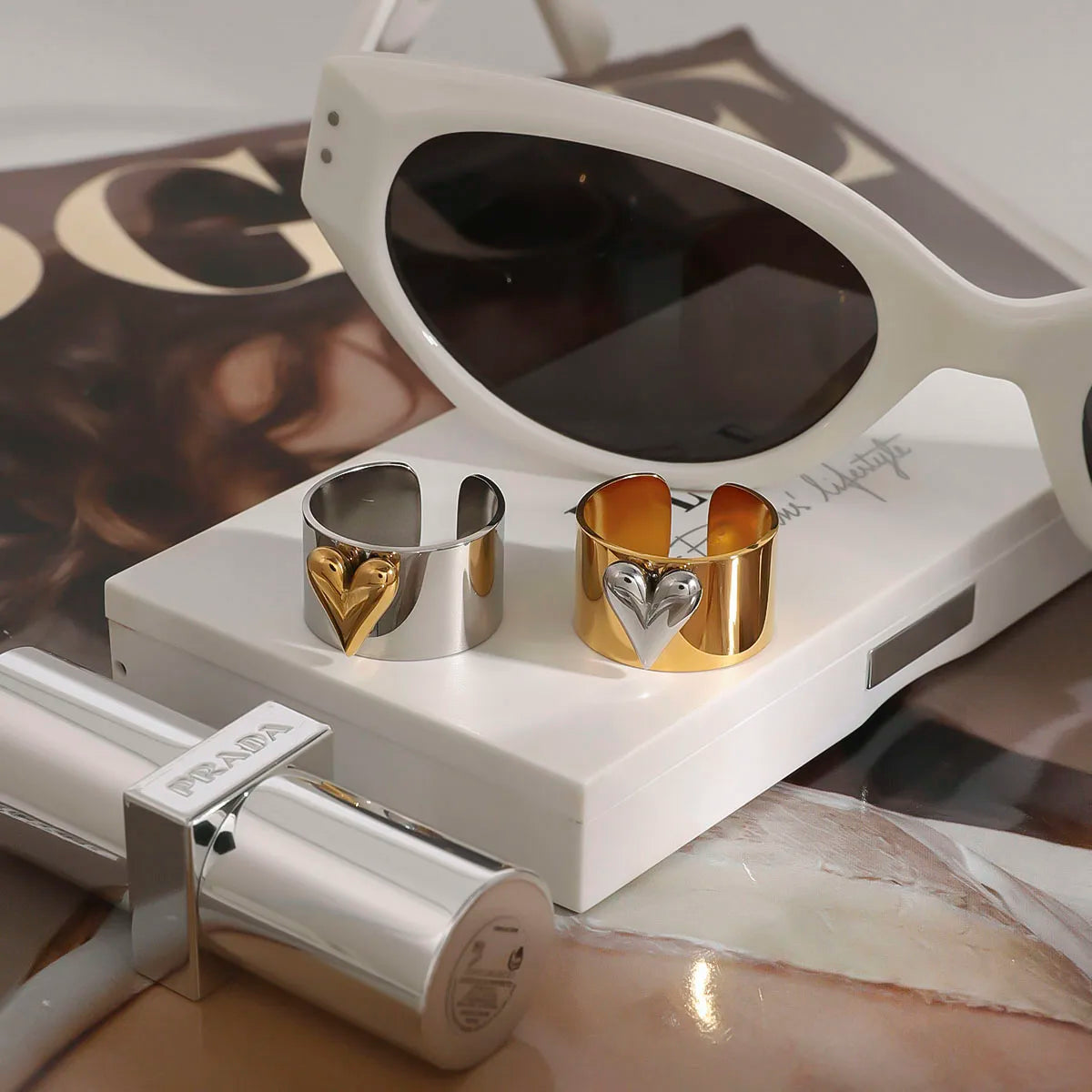 Gold And Silver Color Large Heart Cocktail Ring Ajustable