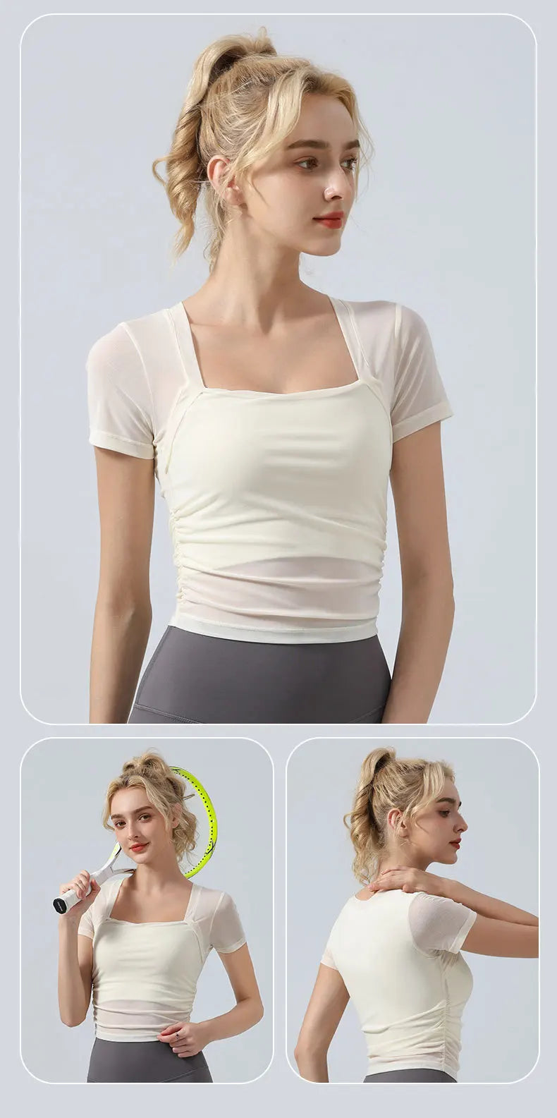 Mesh Patchwork Women Yoga Short Sleeve Fixed Cup T-shirt