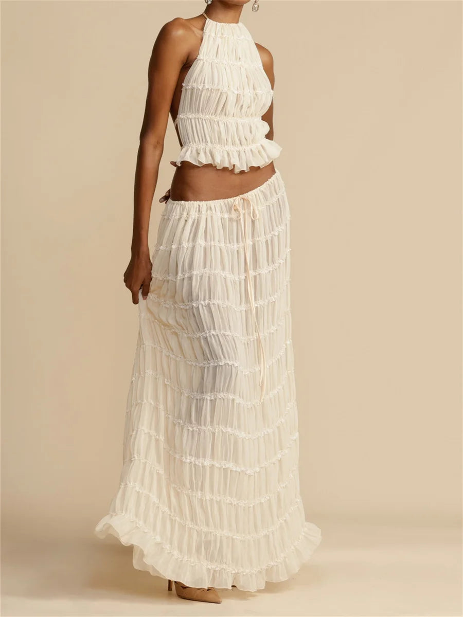 Fashion Solid Halter Neck Long Skirt Suit Women