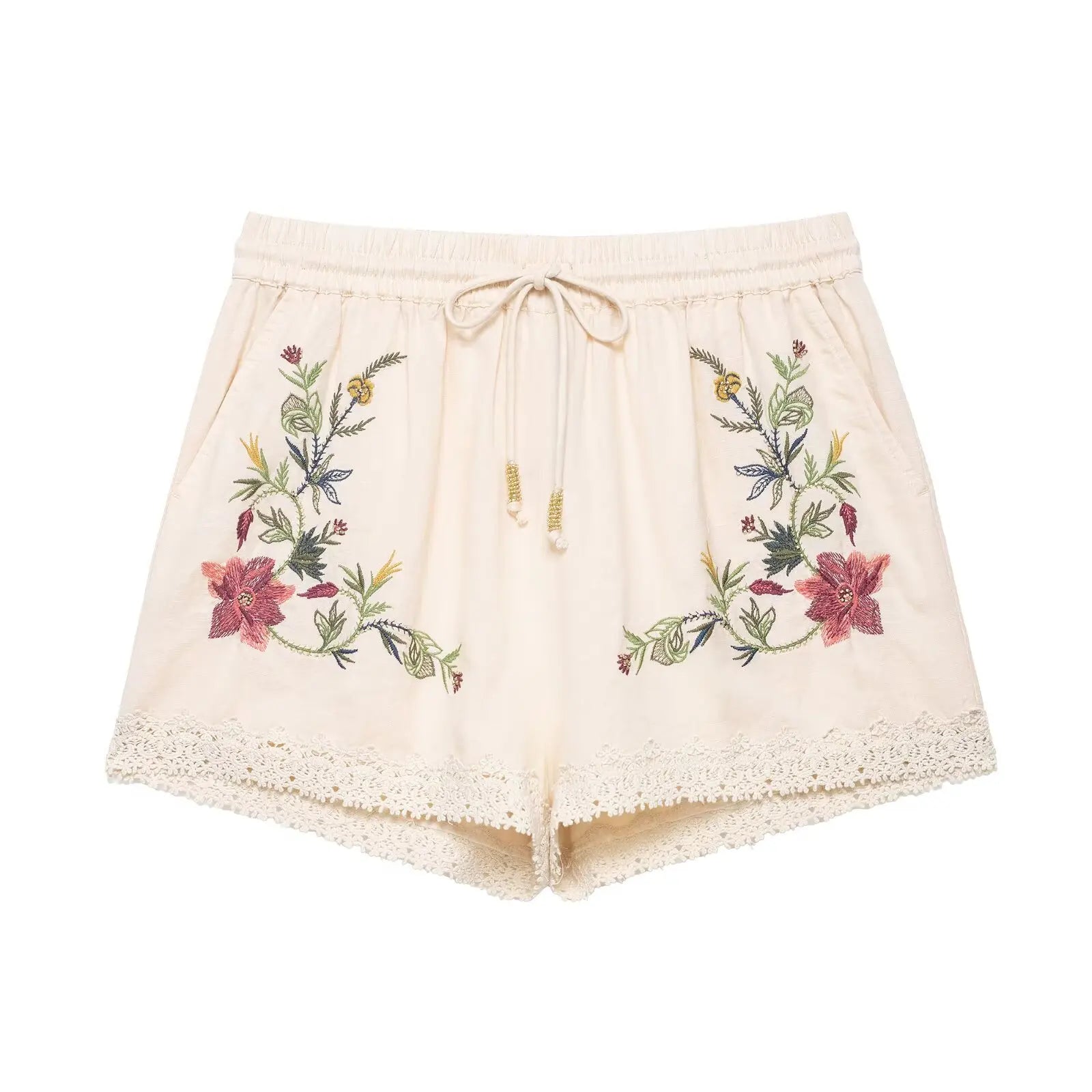Women’s Casual Retro Flower Embroidered Lace Camisole Top with Versatile Mid-waist Shorts