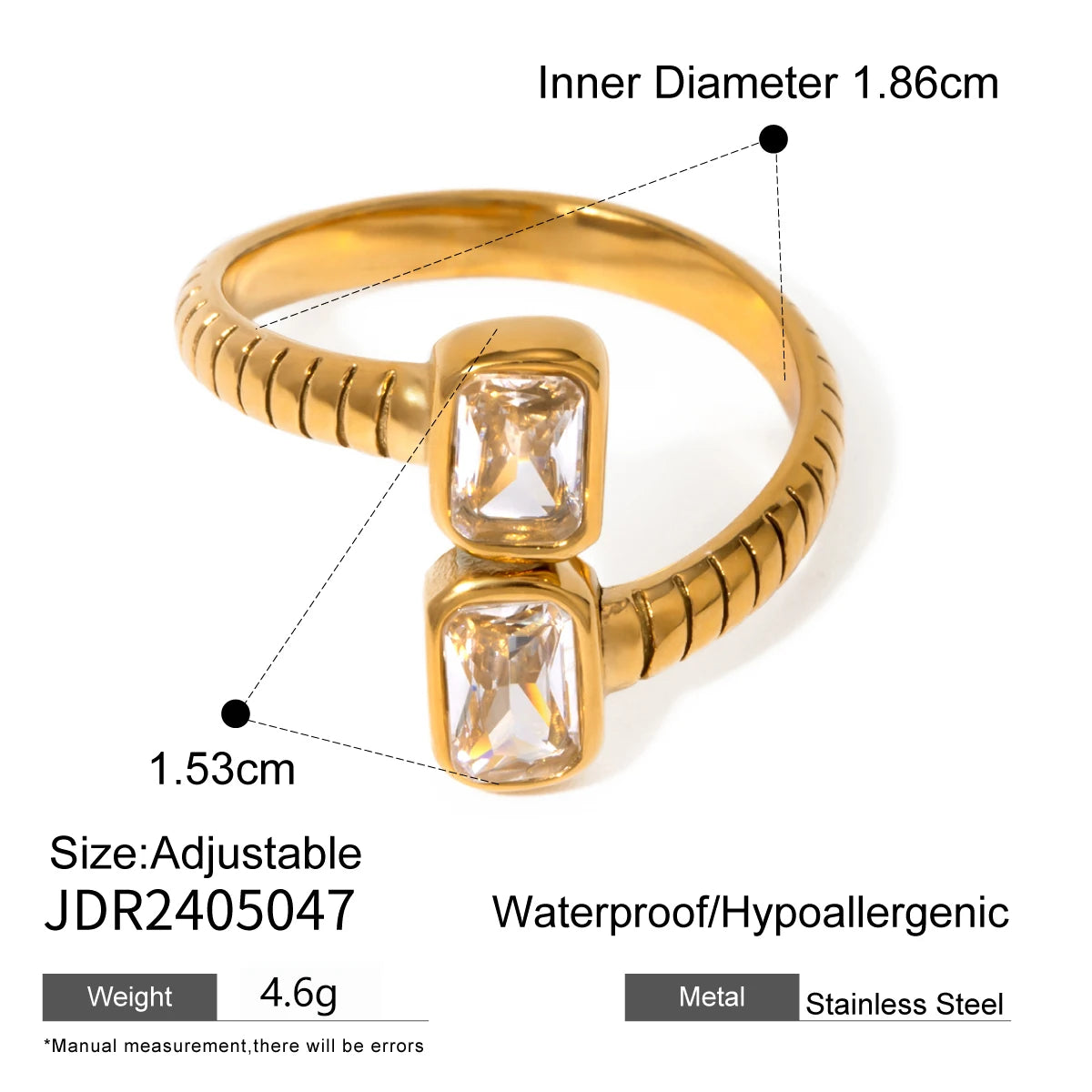 Stainless Steel Geometric Threaded Zirconia Open Ring for Women