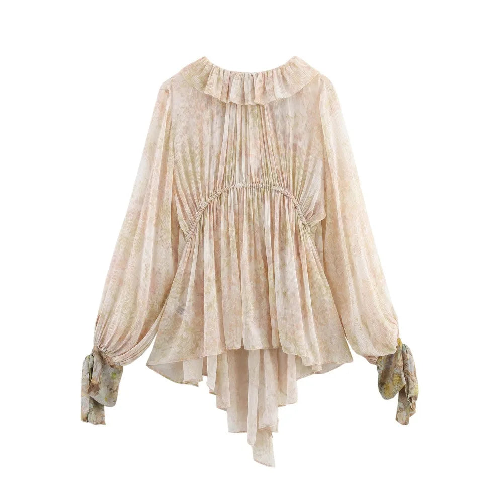 Women's Loose Printed Blouse Pleated V-neck Lantern Sleeve Single-breasted Shirt