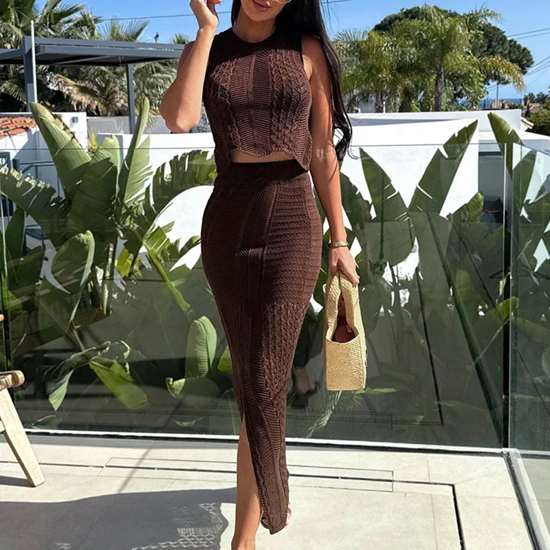 Beach Outfit Sleeveless Vest&Wrap Hips Skirts 2 Piece Set