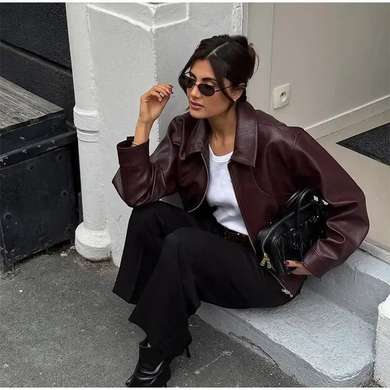 Retro Wine Red Pu Leather Short Jacket Women