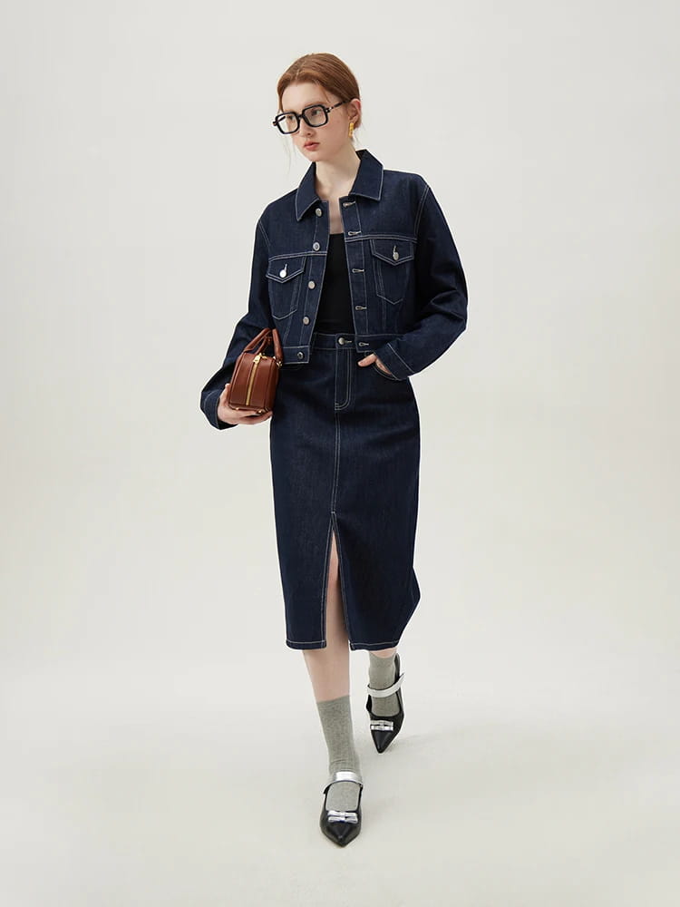 Retro Casual Denim Short Coat Skirt Suit for Women