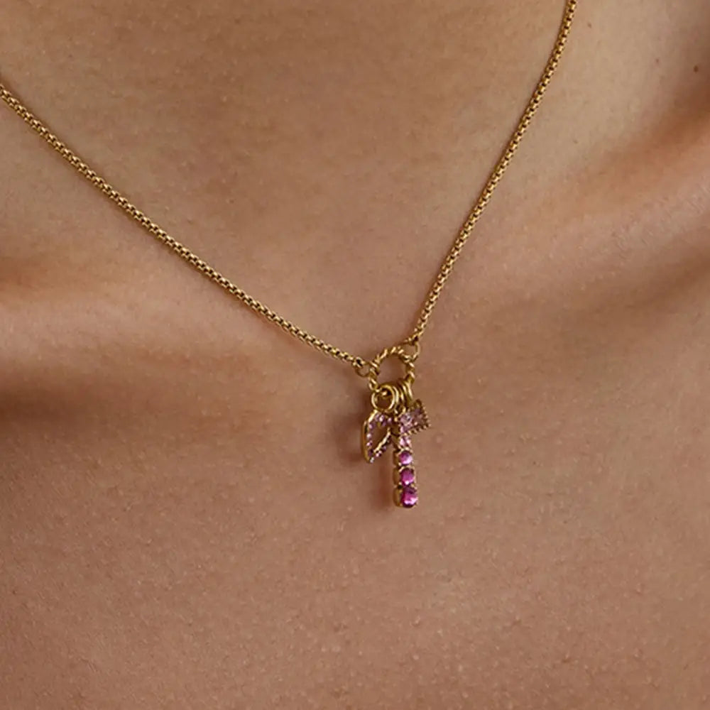 Pink Zircon Hollow Heart Pendant Necklace Stainless Steel