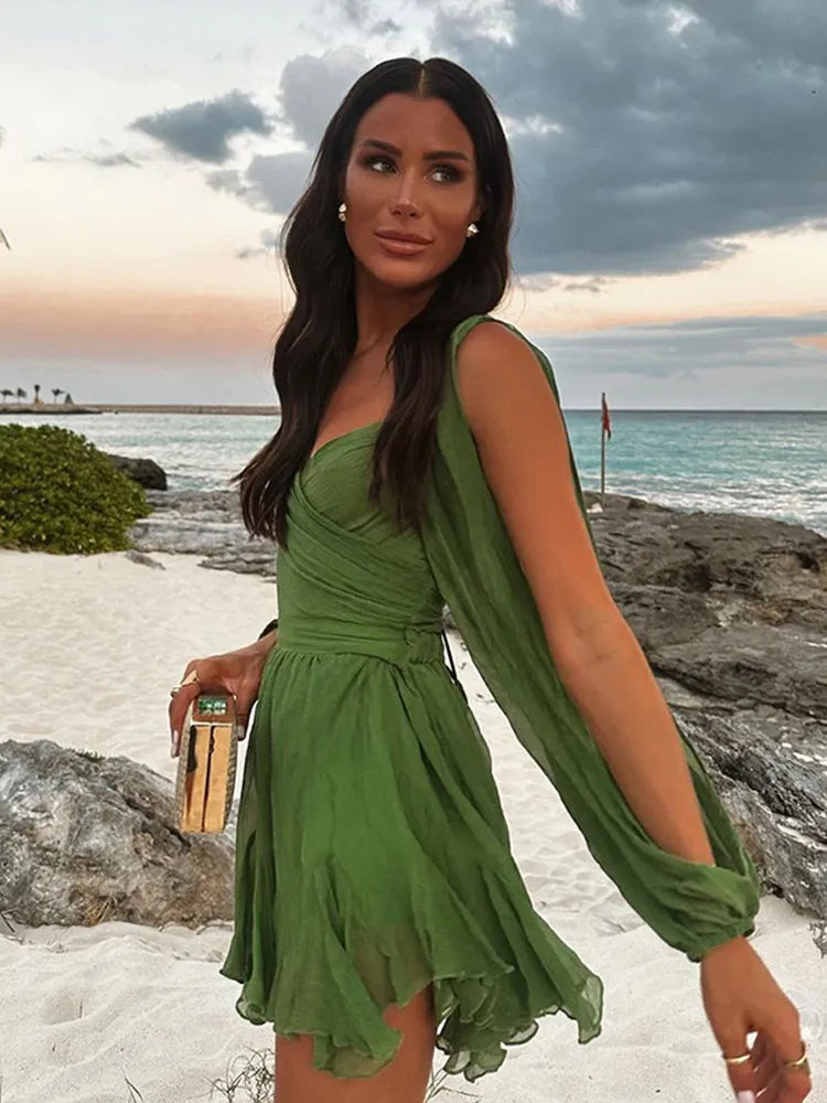 Women's Fashion Green Chiffon Mini Dress Elegant V-neck Split Long - Norellé