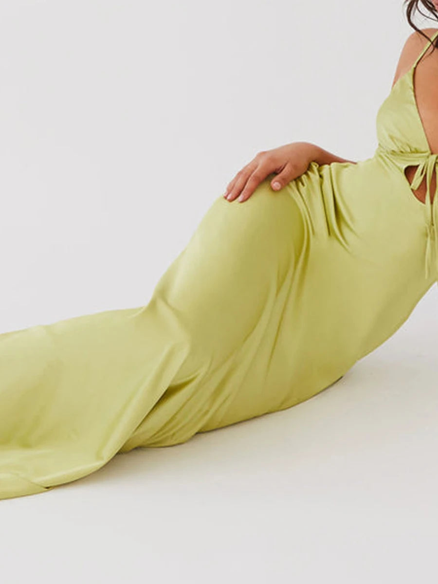 Women Cami Dress Solid Color Sleeveless Tie-Up Front Backless