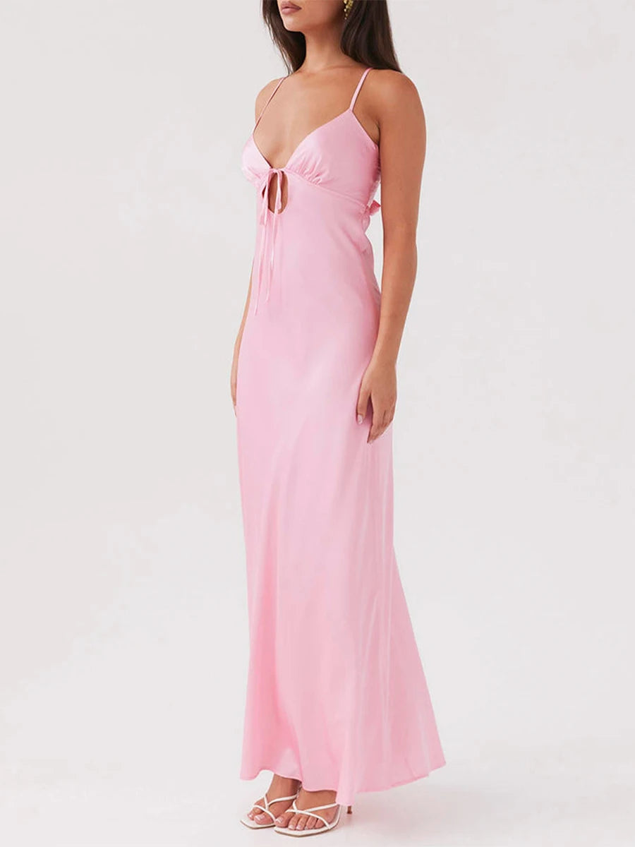 Women Cami Dress Solid Color Sleeveless Tie-Up Front Backless