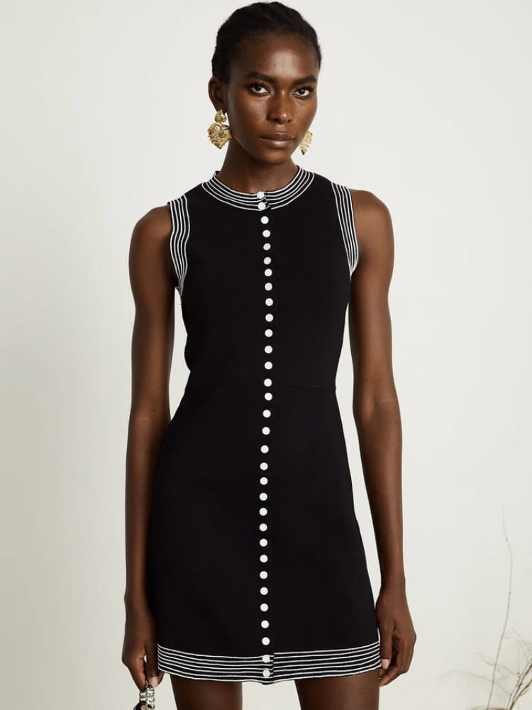 Causal Round Neck Single Row Button Sleeveless Slim Fit Women Dress