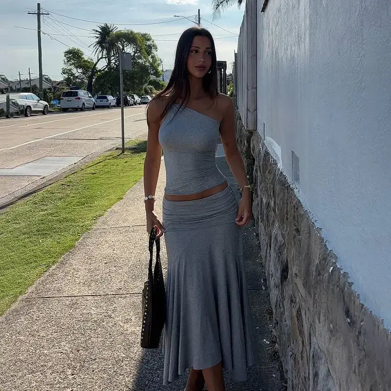 Pleated High Waist Long Skirt Suit