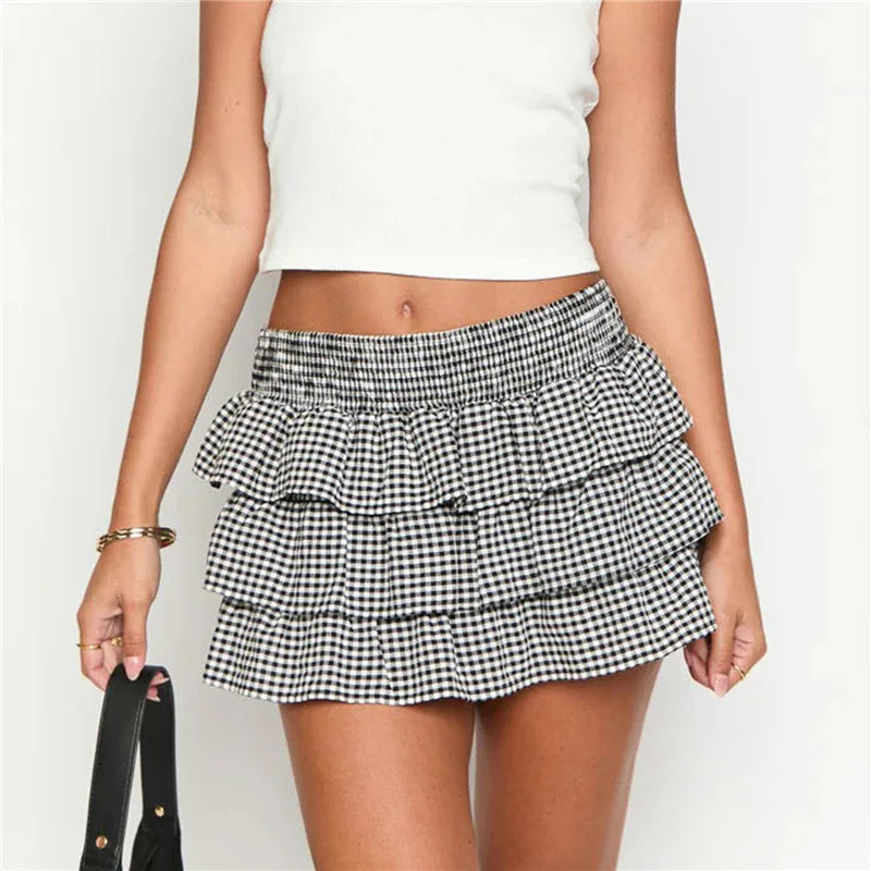 Women Plaid Ruffle Mini Skirt