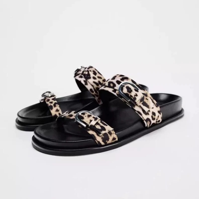 Brown Double Strap Buckle Flat Sandals For Women