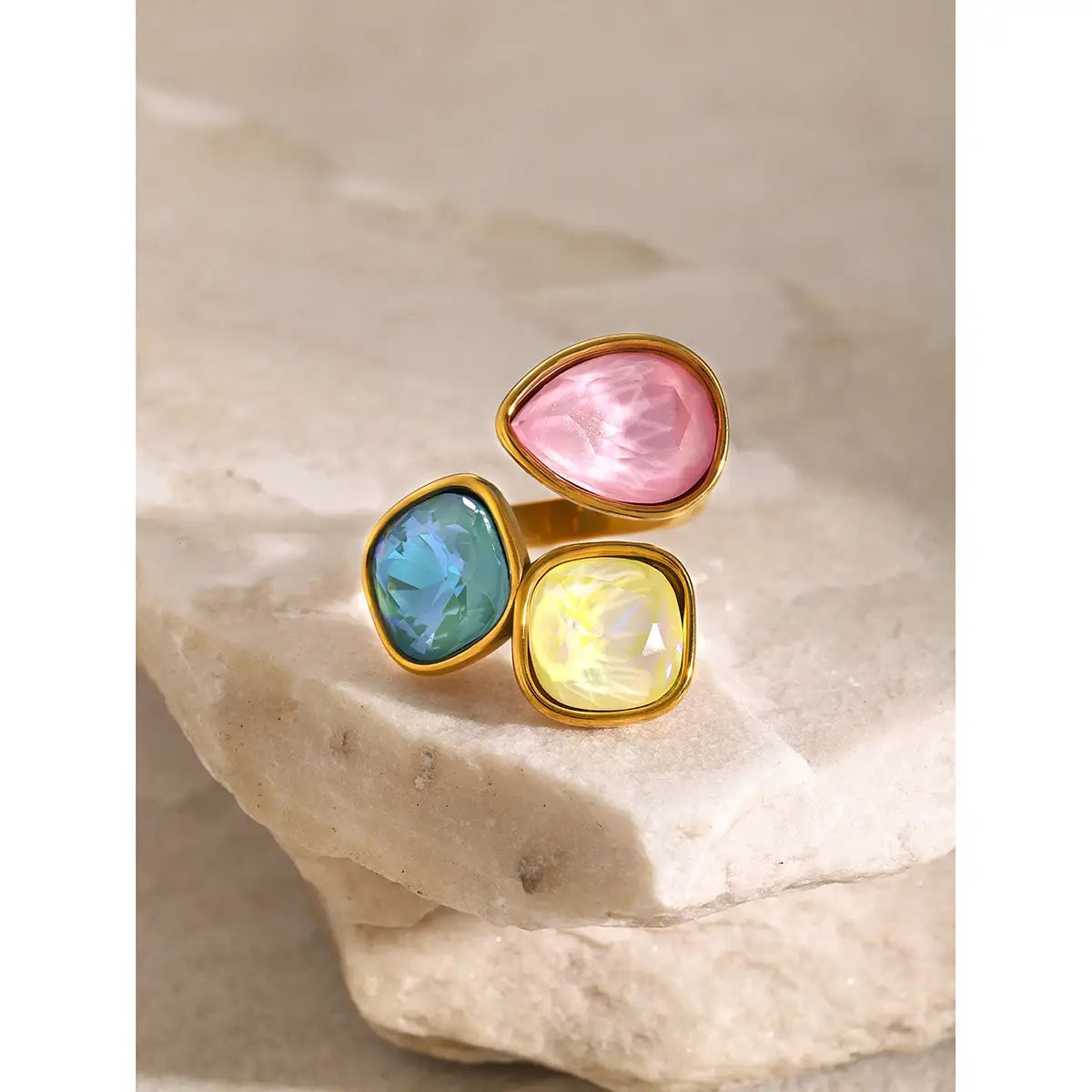 Stainless Steel Pink Green Yellow Cubic Zirconia Adjustable Open Ring