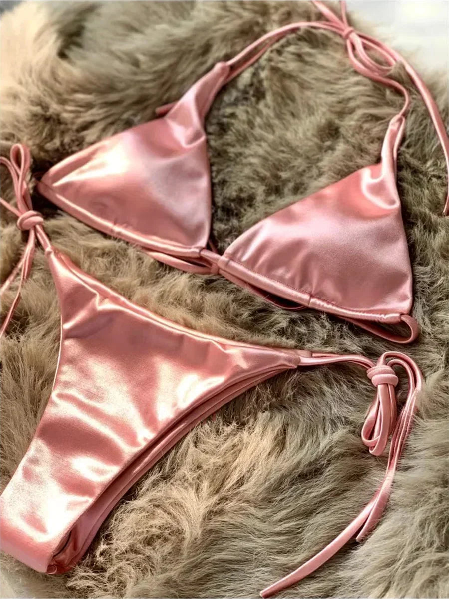 Halter Brazilian Metallic Satin Bikini Women Swimwear Female Swimsuit - Norellé