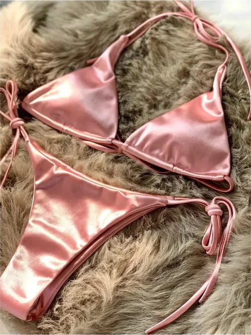 Halter Brazilian Metallic Satin Bikini Women Swimwear Female Swimsuit - Norellé