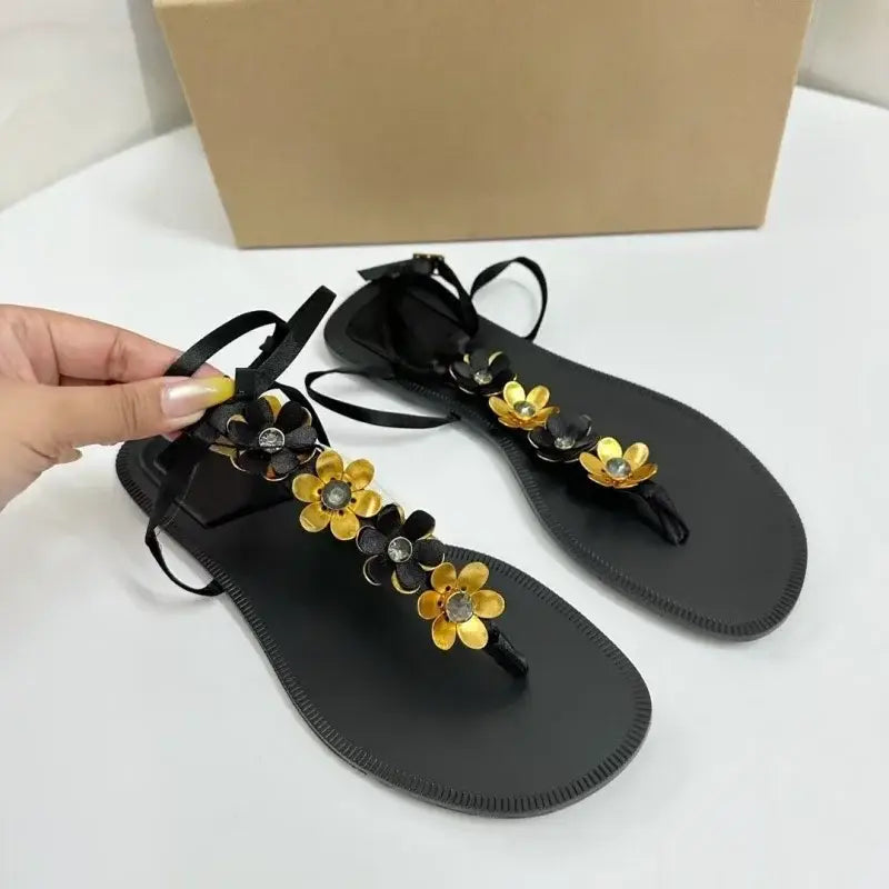 Metal Flower Decoration Flat Sandals