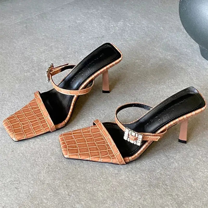 Rhinestone Buckle Women Sandals Square Toe