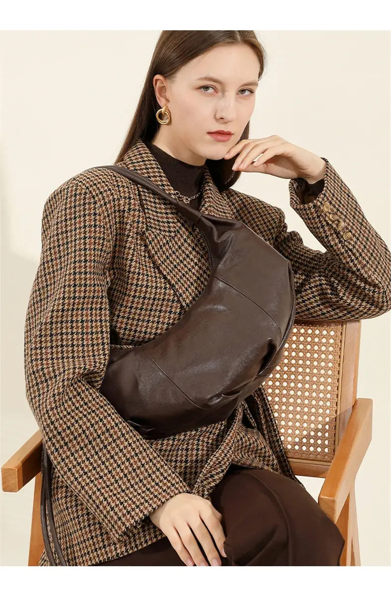 Cowhide Genuine Leather Half Moon Shoulder Bag